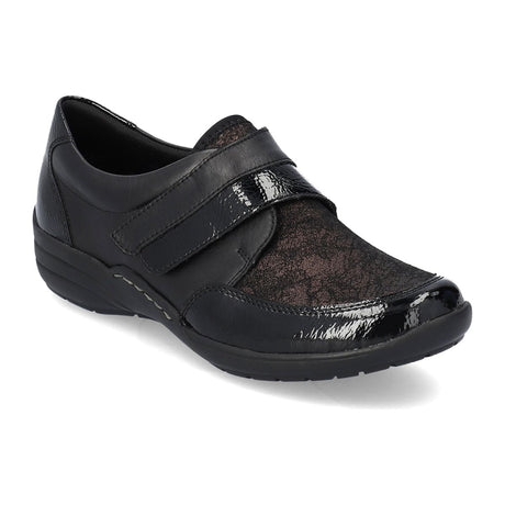 Remonte R7600-04 women's black slip-on shoe with a hook-and-loop strap and mixed patent and textured panels.