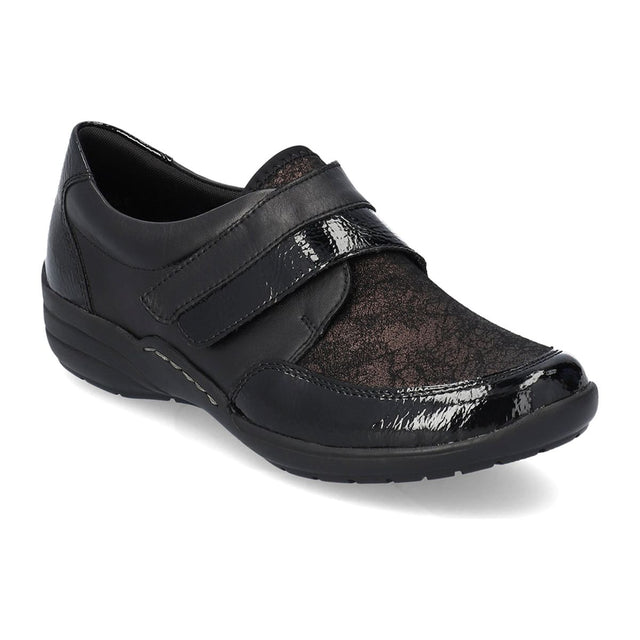 Remonte R7600-04 women's black slip-on shoe with a hook-and-loop strap and mixed patent and textured panels.