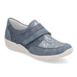 Remonte R7600 Women's Slip On Shoe, blue patterned textile upper, welcro strap closure flats, all day walking shoe. Style #R7600-14