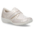 Women's metallic champagne slip-on shoe with two velcro straps and white lace-patterned mesh inserts. Style #R7600-93