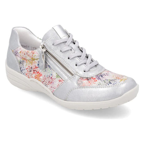 Silver metallic sneaker with multi-coloured floral print panels, side zipper, and white wedge sole. Style #R7637-40