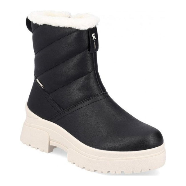 Black quilted leather winter boot with white faux-fur trim and a chunky cream lug sole, Style #W0373-00