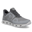 Grey mesh and leather sneaker with bungee laces, a padded collar, and a white perforated midsole. Style #04355-40
