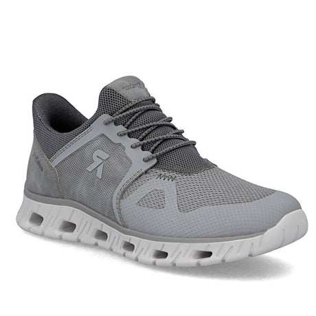 Grey mesh and leather sneaker with bungee laces, a padded collar, and a white perforated midsole. Style #04355-40