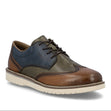 Rieker 04504-90 men's multi-color leather brogue shoe with a white sole, brown, olive green, and navy blue panels.