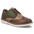 Brown and olive leather wingtip oxford with brogue detailing, lace-up closure, and a white lugged sole. Style #04504-91