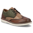 Brown and olive leather wingtip oxford with brogue detailing, lace-up closure, and a white lugged sole. Style #04504-91