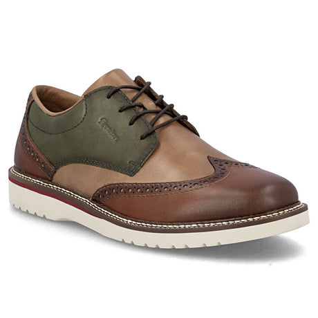 Brown and olive leather wingtip oxford with brogue detailing, lace-up closure, and a white lugged sole. Style #04504-91
