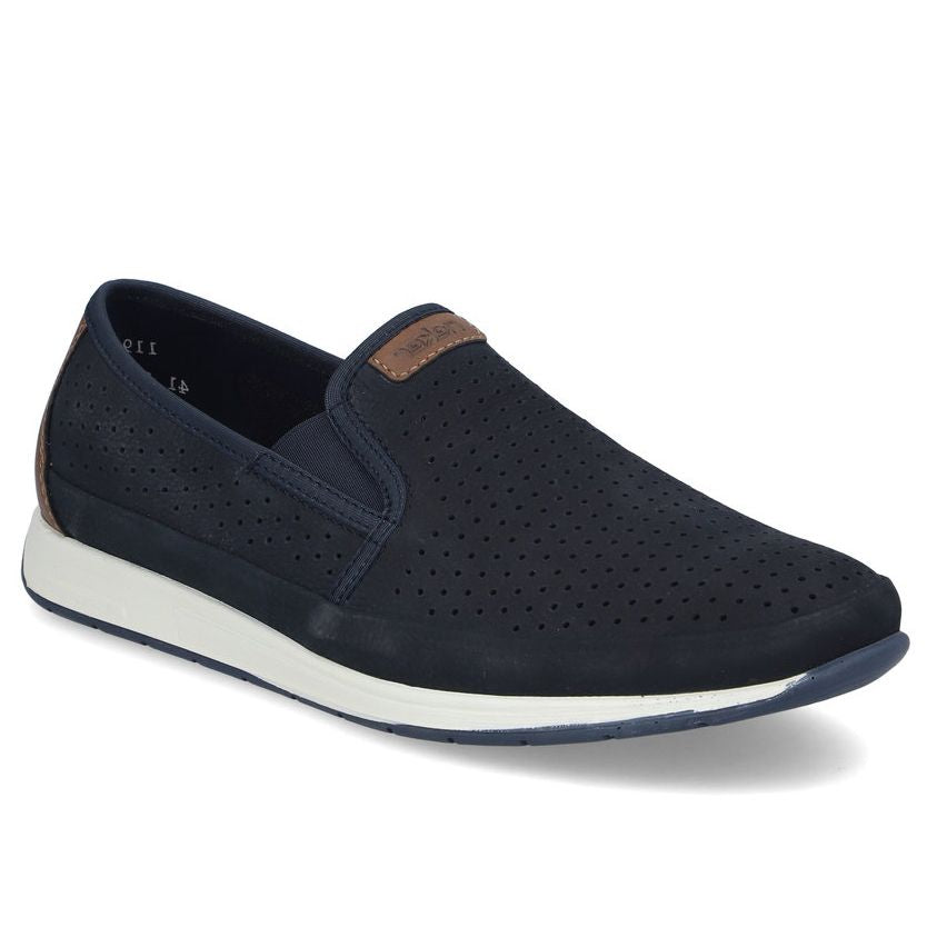 Men's navy blue perforated leather slip-on shoe with brown accents, elastic gussets, and a white midsole. Style #11955-14