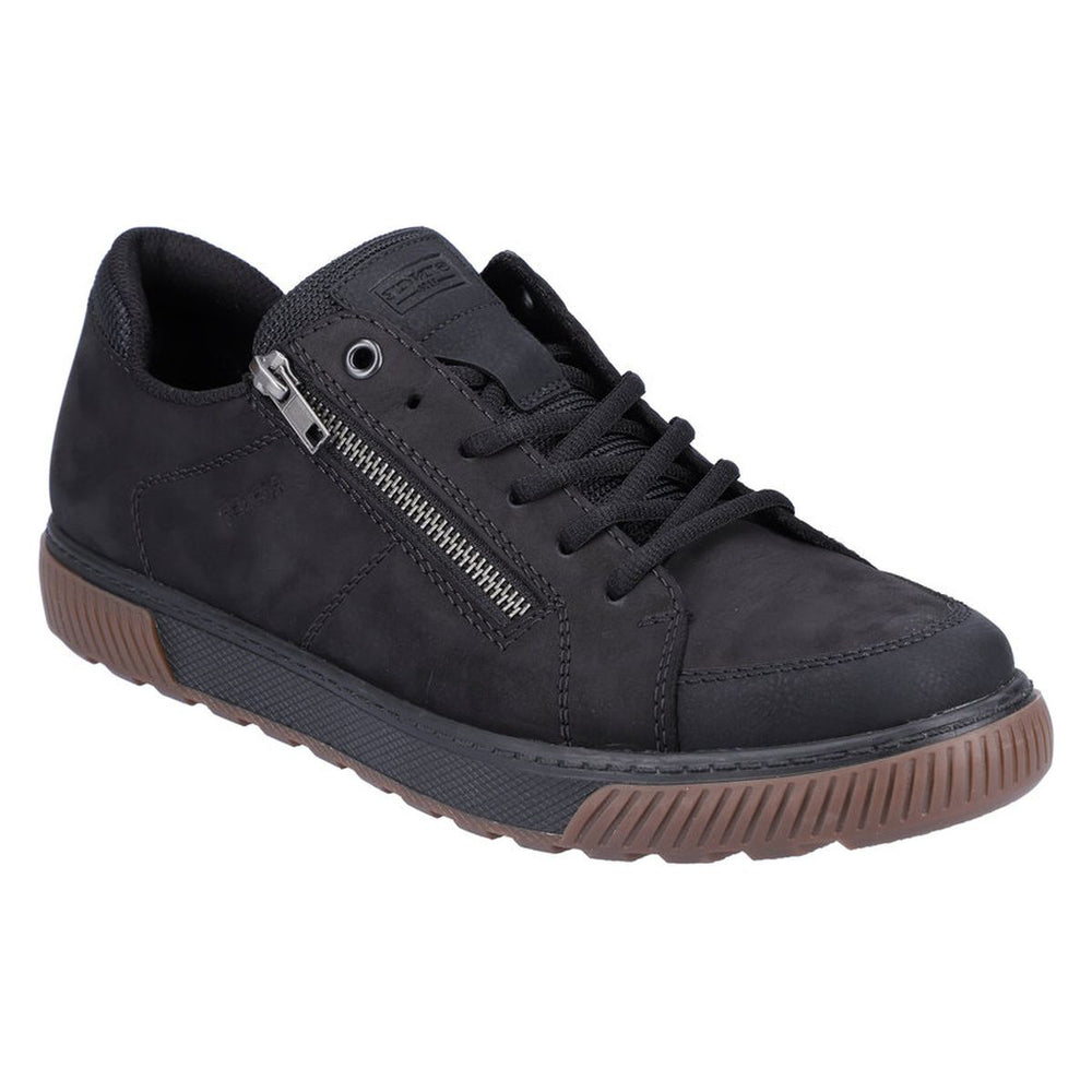 Black nubuck men’s low-top sneaker featuring a side zipper, front laces, and a two-tone brown and black sole. Style #18910-00