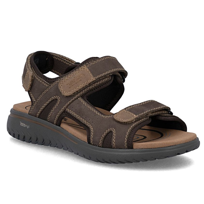 Men's dark brown leather sandal with three adjustable velcro straps, tan footbed, and a thick grey sole. Style #26450-25