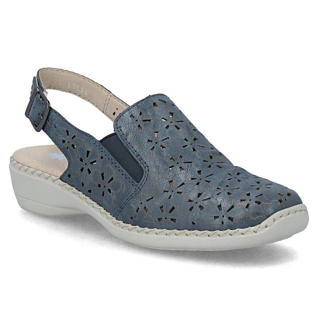 Women's blue leather closed-toe sandal with laser-cut floral patterns, an adjustable slingback, and grey sole. Style #41371-12