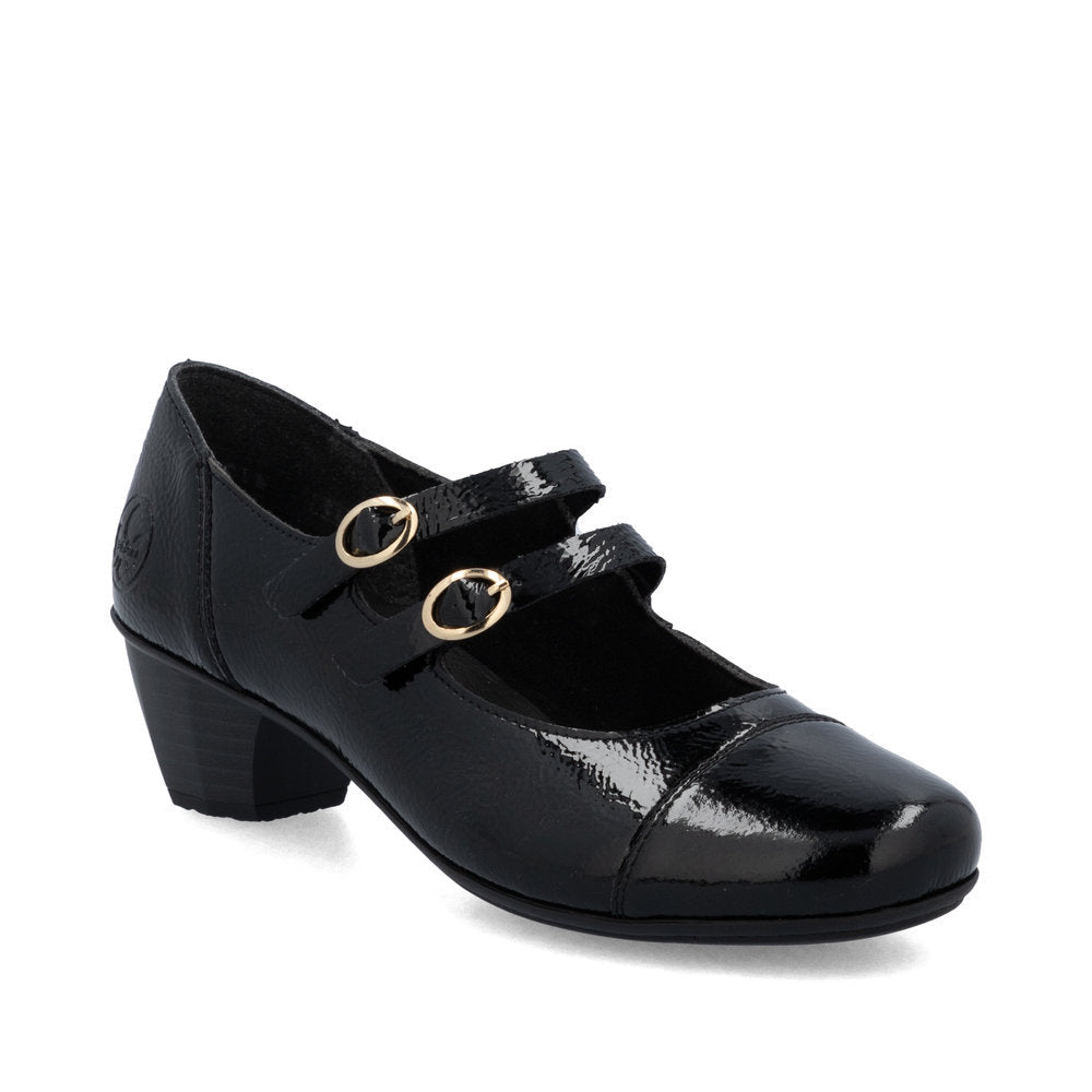 Glossy black patent leather women's dress shoe with rounded toe and 40 mm low heel, offering sleek, polished style and comfortable everyday wear.  Style #41758-00