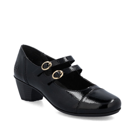Glossy black patent leather women's dress shoe with rounded toe and 40 mm low heel, offering sleek, polished style and comfortable everyday wear.  Style #41758-00