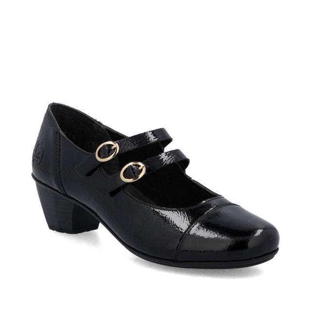 Glossy black patent leather women's dress shoe with rounded toe and 40 mm low heel, offering sleek, polished style and comfortable everyday wear.  Style #41758-00