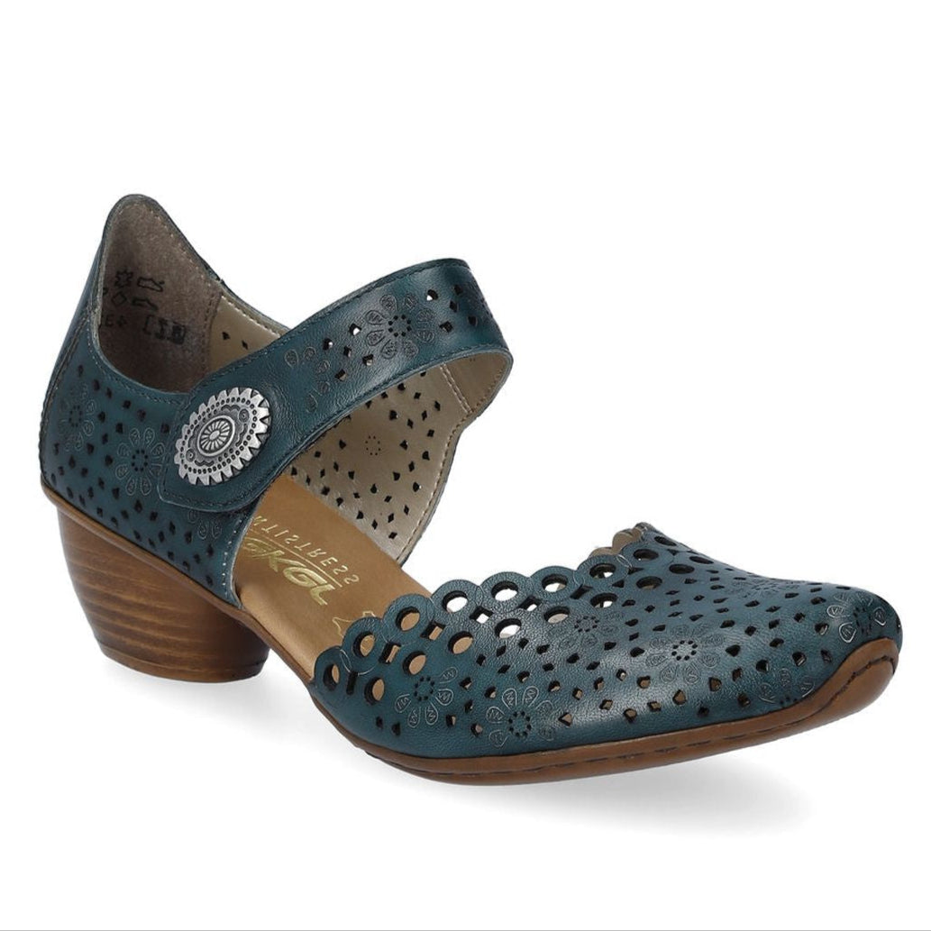 Rieker womans leather summer shoe with cutouts and velcro closure in petrol blue style #43753-13 