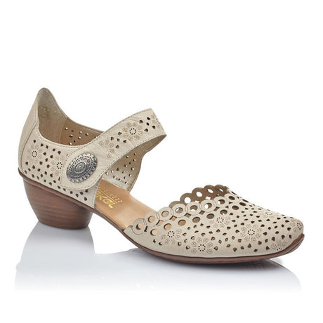 Beige Rieker heeled shoe with floral cutouts and ankle strap. Style 43753-60.