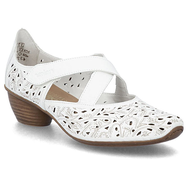 Women's white leather Mary Jane with laser-cut floral patterns, a crossover strap, and a stacked wood-look heel. Style #43773-80