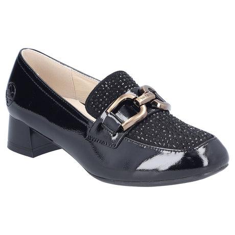 Black patent Rieker women's loafer with a block heel and studded front, 45055-00.