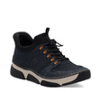 Men's dark blue Rieker slip-on shoe with subtle 35mm heel, stretch side panels, and stitchdown construction for a flexible and supportive fit. Style #45963-14