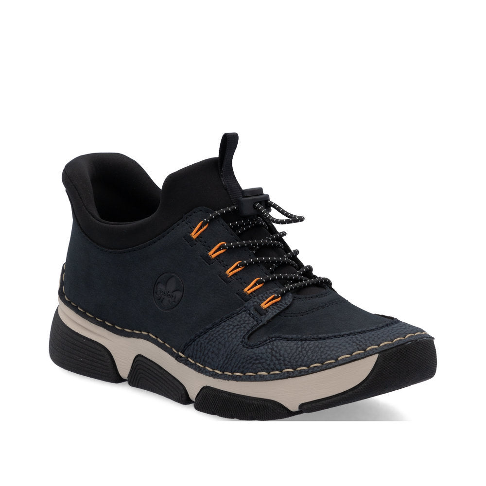 Men's dark blue Rieker slip-on shoe with subtle 35mm heel, stretch side panels, and stitchdown construction for a flexible and supportive fit. Style #45963-14