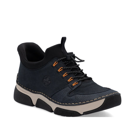 Men's dark blue Rieker slip-on shoe with subtle 35mm heel, stretch side panels, and stitchdown construction for a flexible and supportive fit. Style #45963-14