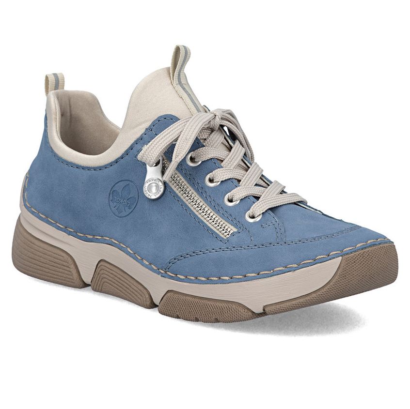 Women's indigo blue leather sneaker with a side zipper, beige laces, and a flexible tan rubber outsole. Style #45973-14.