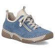 Women's indigo blue leather sneaker with a side zipper, beige laces, and a flexible tan rubber outsole. Style #45973-14.