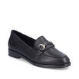 Black women’s smooth leather Lugano loafers with elastic band, decorative detail, grippy sole, and extra-soft cover sole. Style #46262-01
