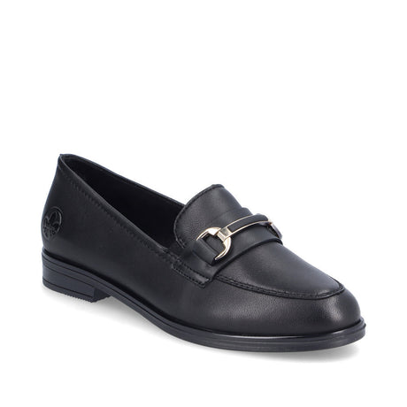 Black women’s smooth leather Lugano loafers with elastic band, decorative detail, grippy sole, and extra-soft cover sole. Style #46262-01