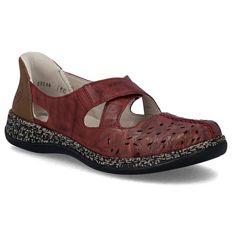 Red leather Mary Jane shoe with decorative perforations, cross-strap, and a textured shock-absorbing sole. Style #46352-33