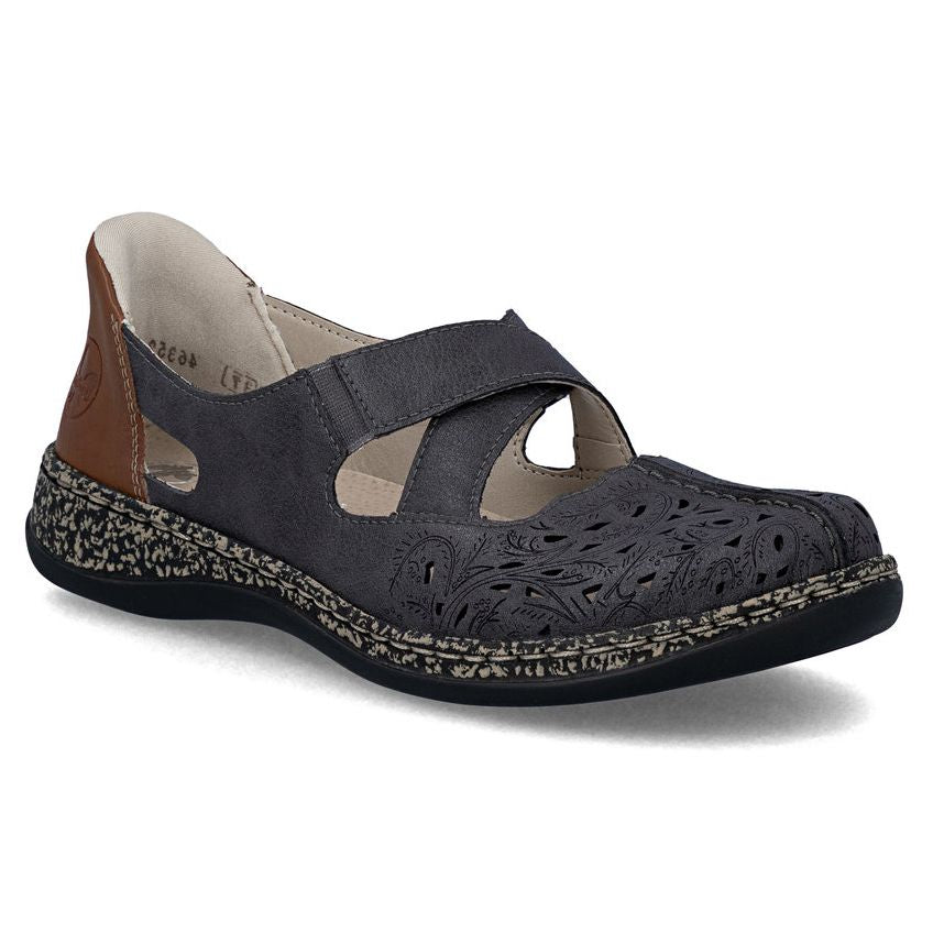 Grey leather Mary Jane shoe with decorative perforations, cross-strap, and a textured shock-absorbing sole. Style #46352-45