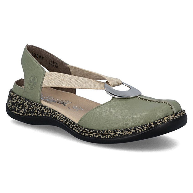 Sage green leather slingback shoe with a silver ring detail, elastic strap, and a textured wedge sole. Style #46361-52