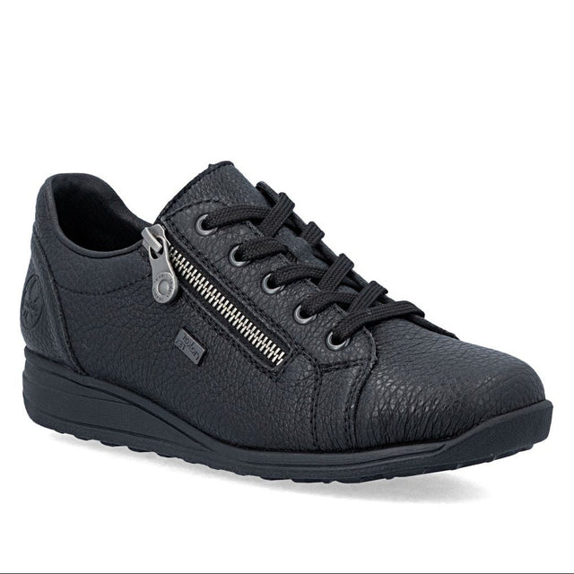 Black textured leather shoe featuring side zipper, lace closure, and matching black sole. Style # 47202-00