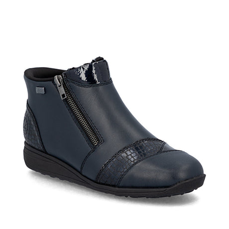 Blue women's wide-fit leather ankle boots with zipper closure, warm textile lining, removable padded insole, and grippy synthetic outsole.
Style #47254-14