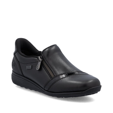 Black women's wide fit leather Ready to Go shoes with zipper closure, removable padded insole, and grippy synthetic outsole.
Style #47264-00