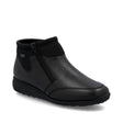 Black women's ankle boots with smooth leather upper, side zipper, removable padded insole, wide fit, and grippy outsole. Style #47270-00

