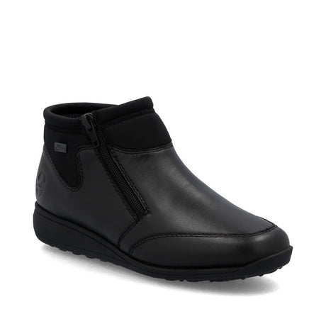 Black women's ankle boots with smooth leather upper, side zipper, removable padded insole, wide fit, and grippy outsole. Style #47270-00
