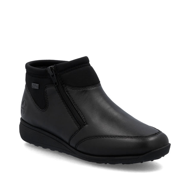 Black women's ankle boots with smooth leather upper, side zipper, removable padded insole, wide fit, and grippy outsole. Style #47270-00

