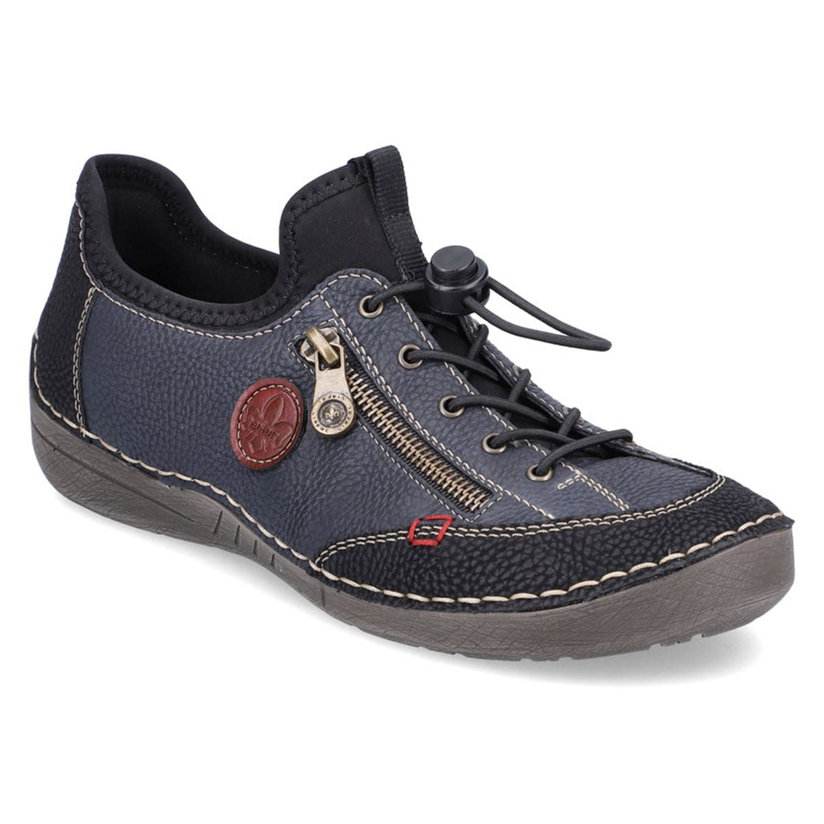 Blue textured leather women’s sneaker with speed lacing, a bronze side zipper, and a contrast stitched grey sole. Style #52563-00