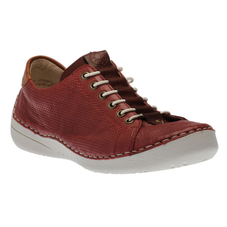 Women's red leather lace-up shoe with perforated sides, white sole, and brown accents. Style #52585-35