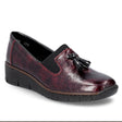 Glossy burgundy women’s loafer with low heel, slip-on design, soft insole, and lightweight sole suited for colder seasons. Style #53751-35