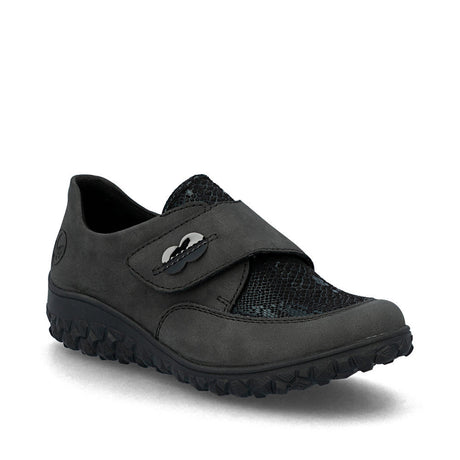 Grey women's strap shoe with hook-and-loop fastener, synthetic leather upper, removable padded insole, and wide fit on a lightweight, grippy sole. Style #59552-45
