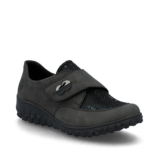 Grey women's strap shoe with hook-and-loop fastener, synthetic leather upper, removable padded insole, and wide fit on a lightweight, grippy sole. Style #59552-45