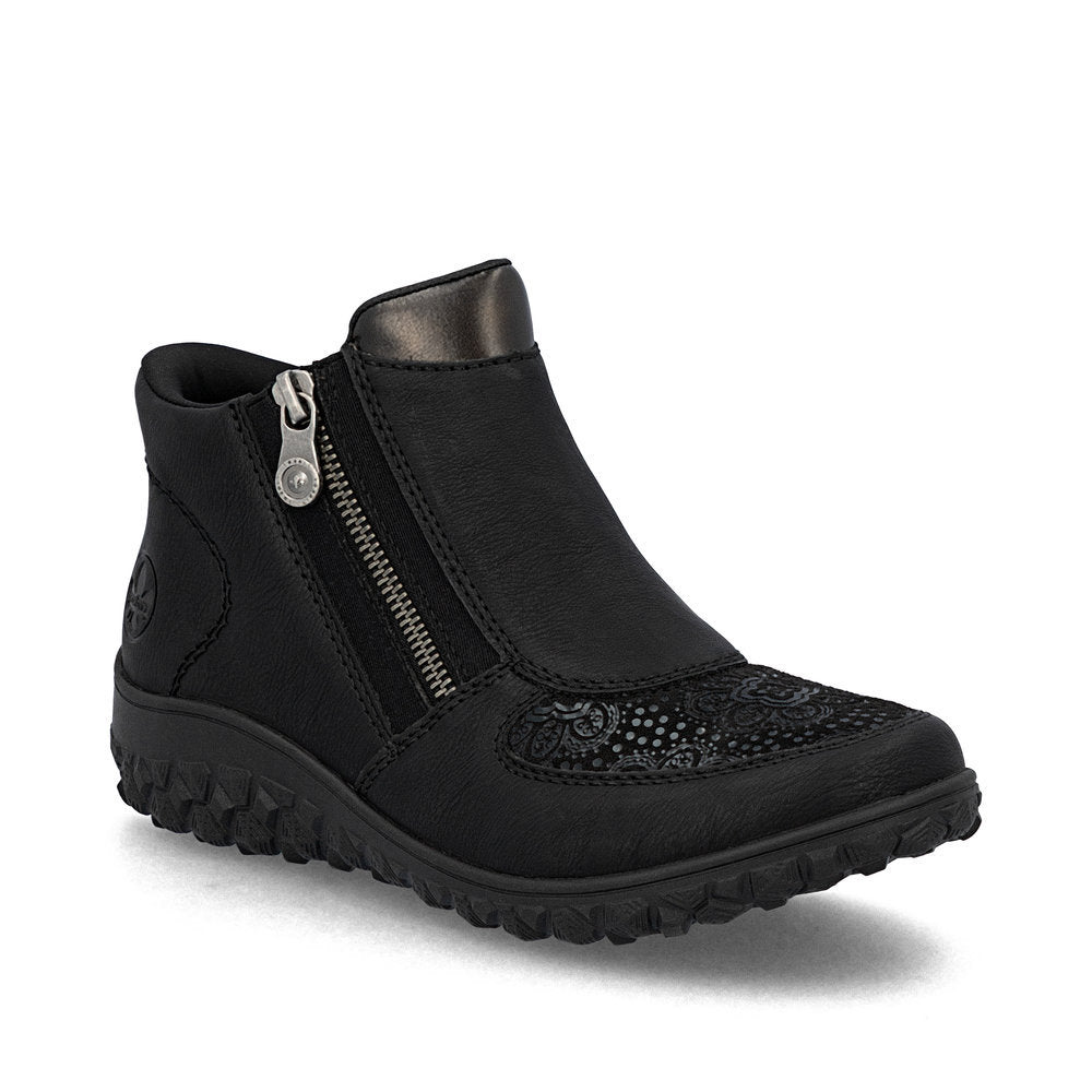 Black women's ankle boot with side zipper, smooth synthetic upper, removable insole, and wide fit on a grippy 38mm sole for reliable all-day wear. Style #59558-00