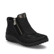 Black women's ankle boot with side zipper, smooth synthetic upper, removable insole, and wide fit on a grippy 38mm sole for reliable all-day wear. Style #59558-00
