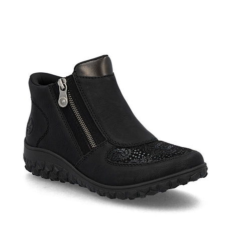 Black women's ankle boot with side zipper, smooth synthetic upper, removable insole, and wide fit on a grippy 38mm sole for reliable all-day wear. Style #59558-00