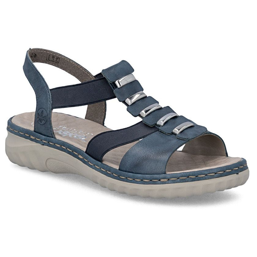 Blue leather women's sandal with metallic accents, elastic straps, and a grey cushioned wedge sole. Style #60452-12