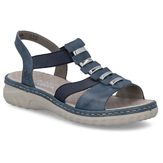 Blue leather women's sandal with metallic accents, elastic straps, and a grey cushioned wedge sole. Style #60452-12