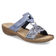 Blue sandal with ornate rhinestone cut-out detailing, adjustable velcro strap, and cushioned footbed. Style #608K2-12